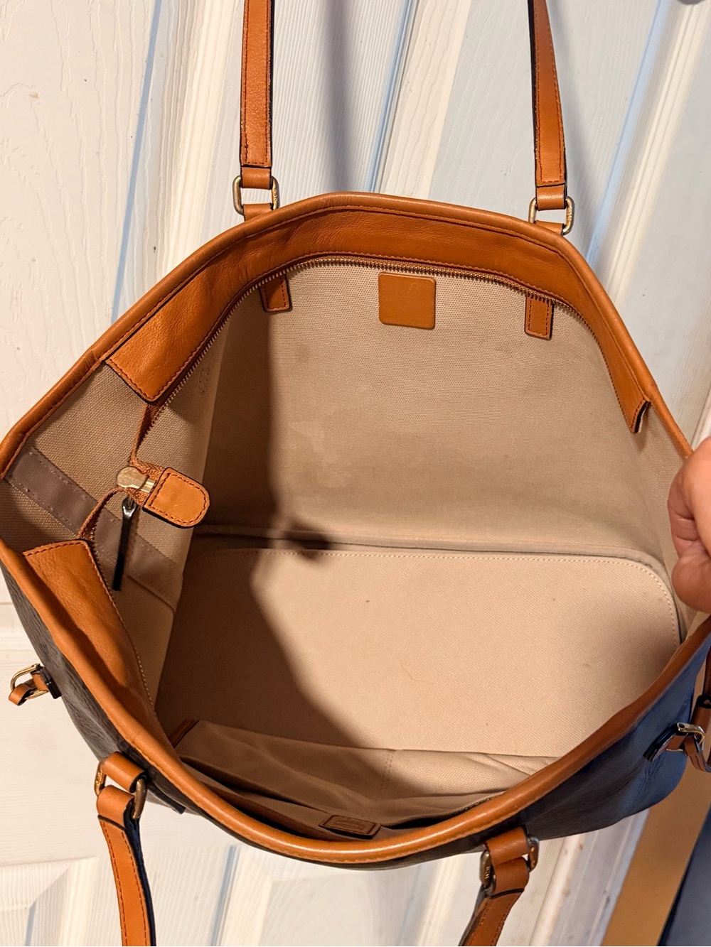 MCM Dark Brown Logo Tote with Tan Trim and Straps - Picture 3 of 8